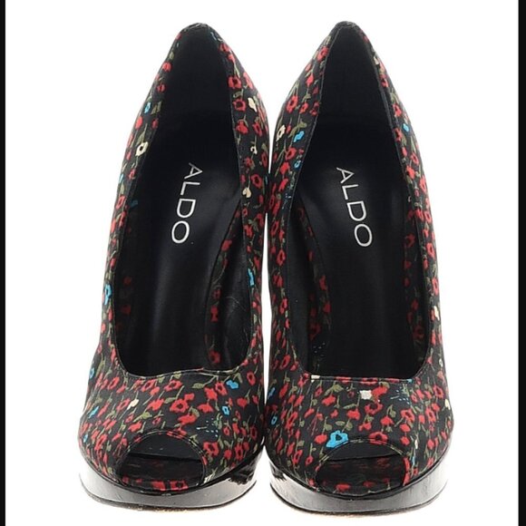 Aldo Red, Blue and Black Floral Poppy Peep Toe Heels 35 5 - Picture 2 of 8